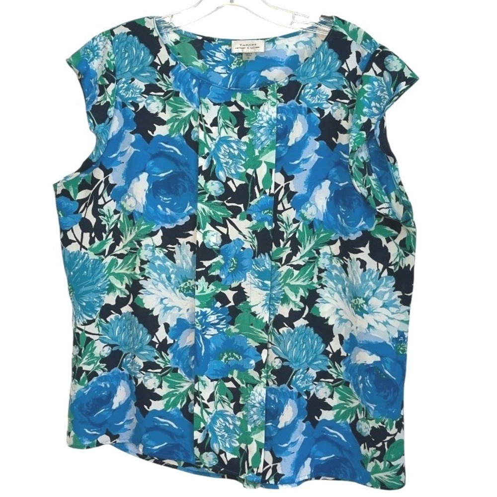 Tahari Arthur S. Levine Blue Floral Pleated Blouse Sleeveless‎ Career Casual  XL